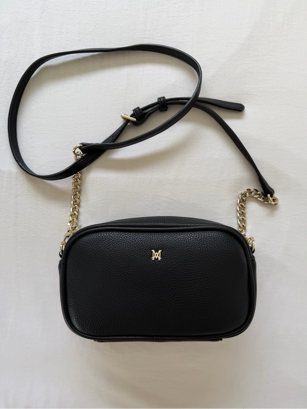 Madison Black Pebbled Leather Crossbody with Gold Chain